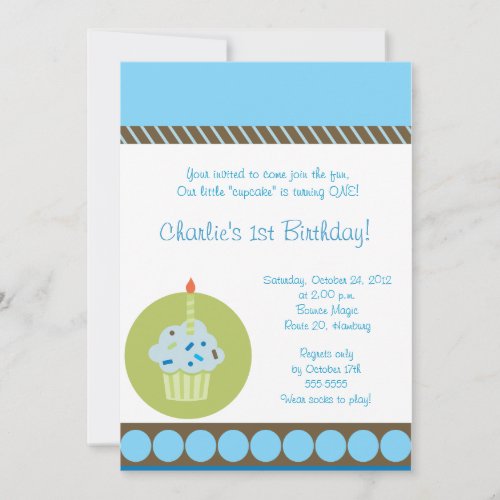 Sweet Treat Blue First 1st Cupcake Birthday Personalized Invitations