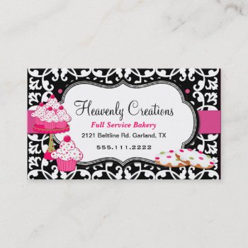 Sweet Treats And Damask Bakery Business Card by DizzyDebbie at Zazzle