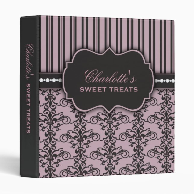 Sweet Treats Damask & Stripe Dessert Recipe Binder (Front/Spine)