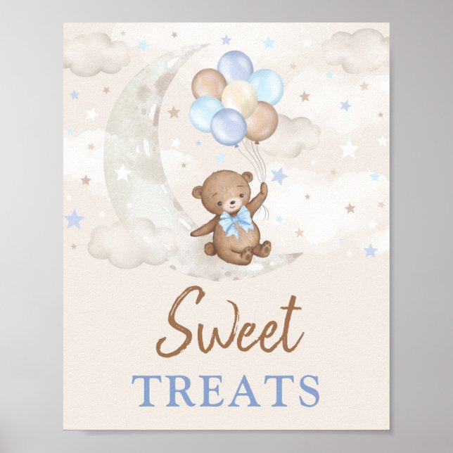 Sweet Treats Moon Teddy Bear Blue Brown Balloons Poster (Front)