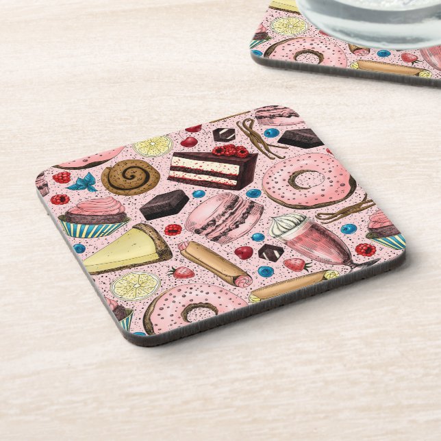 Sweet treats on pink beverage coaster (Left Side)