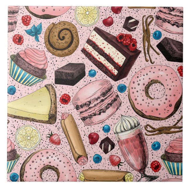 Sweet treats on pink ceramic tile (Front)