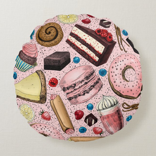 Sweet treats on pink round pillow (Front)