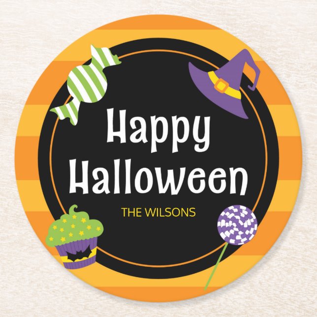 Sweet Trick or Treat Happy Halloween Party Round Paper Coaster (Front)