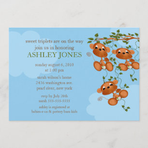 Sweet Triplets Baby Monkey Baby Shower Invitation