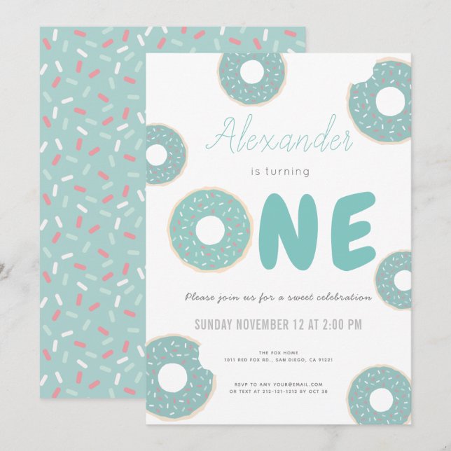 Sweet Turquoise Blue Donut Boy 1st Birthday Invitation (Front/Back)