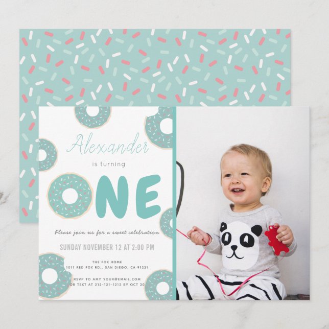 Sweet Turquoise Blue Donut Boy Photo 1st Birthday Invitation (Front/Back)