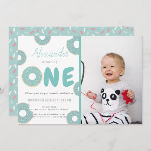 Sweet Turquoise Blue Donut Boy Photo 1st Birthday Invitation