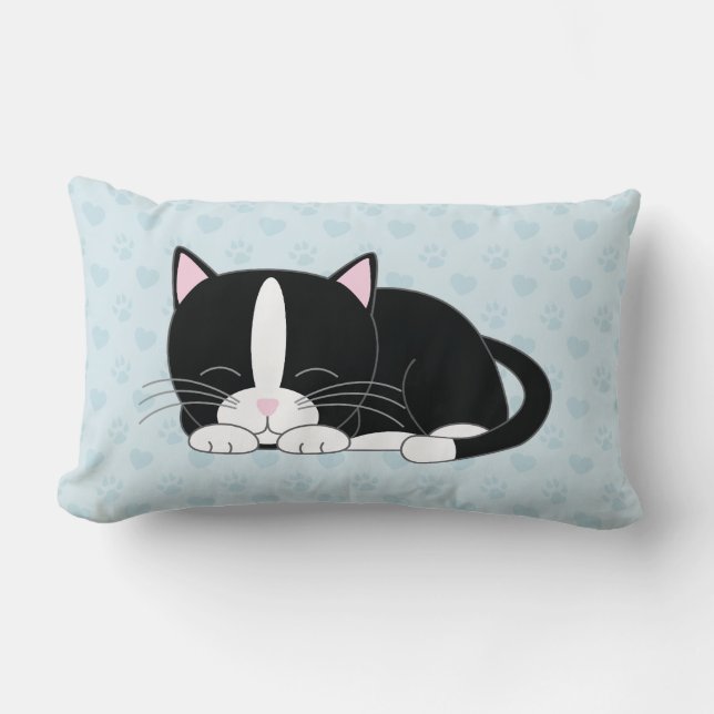 Sweet Tuxedo Cat on Blue Paw Prints Background Lumbar Pillow (Front)
