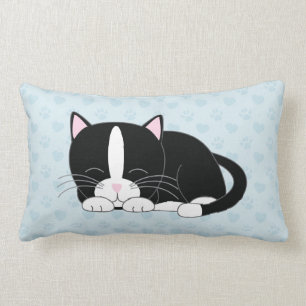 Sweet Tuxedo Cat on Blue Paw Prints Background Lumbar Pillow