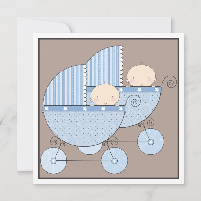 Sweet Twin Boy Two Carriage Baby Shower Invitation (Front)
