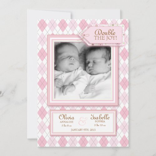 Sweet Twin Girl Argyle Photo Birth Announcement