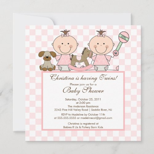 Sweet Twin Grils Twins Baby Shower Invitation