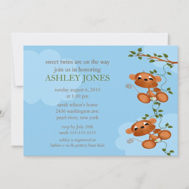 Sweet Twins Baby Monkey Baby Shower Invitation (Front)
