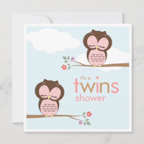 Sweet Twins Hoot Owls Pink Baby Shower Invitation