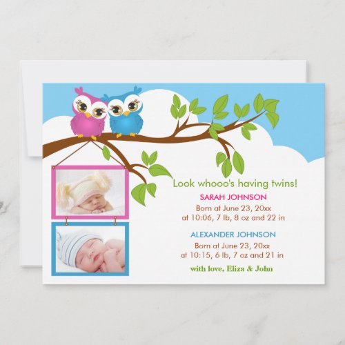 Sweet Twins Owl Girl Boy Photo Birth Announcement