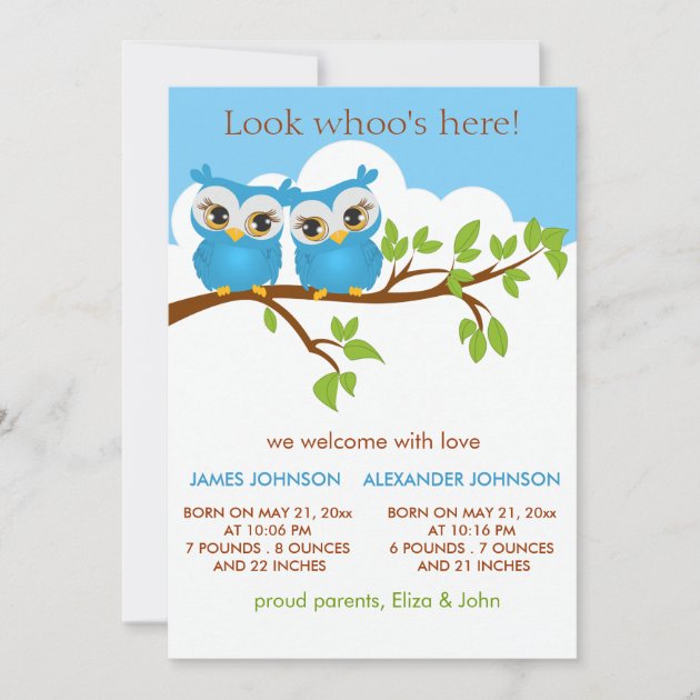 Sweet Twins Owls Baby Boy Birth Announcement Invitation