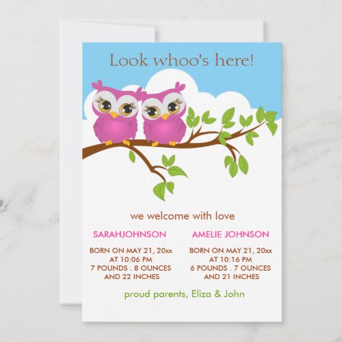 Sweet Twins Owls Baby Girl Birth Announcement Card