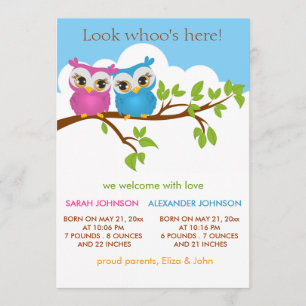 Sweet Twins Owls Baby Girl Boy Birth Announcement