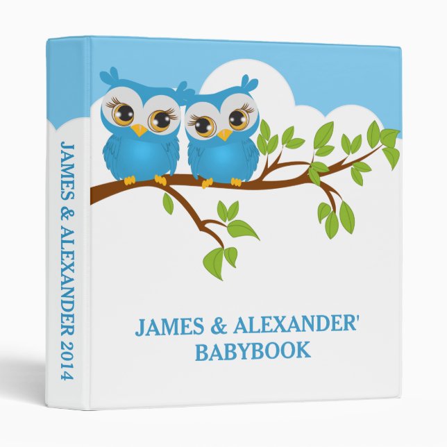 Sweet Twins Owls Boy Baby Photo Album Binder (Front/Spine)