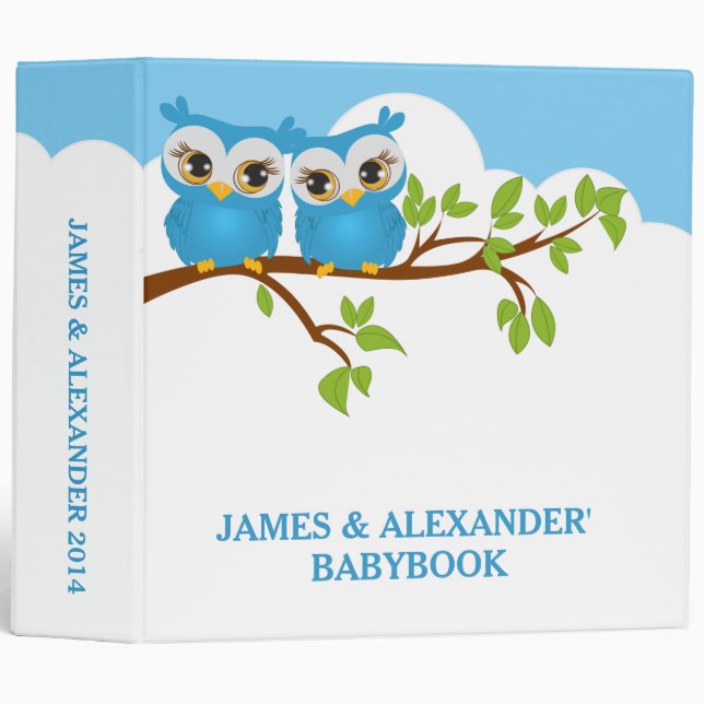 Sweet Twins Owls Boy Baby Photo Album Binder (Front/Spine)