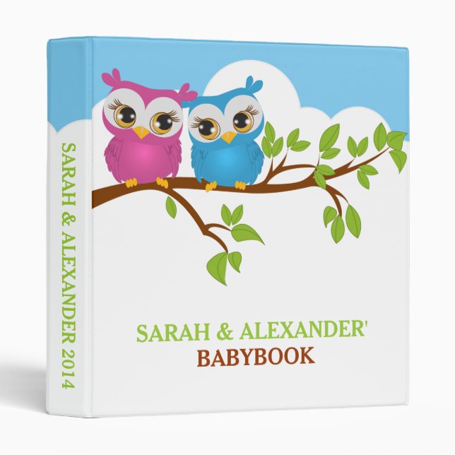 Sweet Twins Owls Boy Girl Baby Photo Album Binder (Front/Spine)