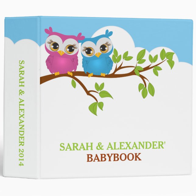 Sweet Twins Owls Boy Girl Baby Photo Album Binder (Front/Spine)