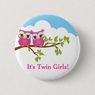 Sweet Twins Owls Girl Baby Button
