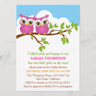 Sweet Twins Owls Girl Baby Shower Invitation