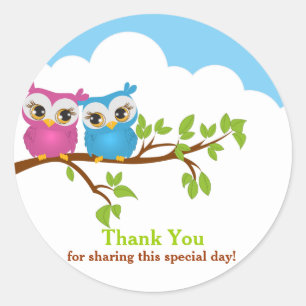 Sweet Twins Owls Girl boy Baby Thank You Sticker