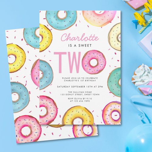 Sweet Two Watercolor Cute Donuts 2nd Birthday  Invitation