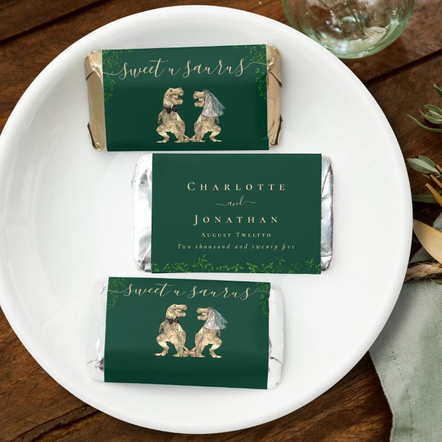 Sweet u Saurus Dinosaur Theme Wedding Hershey's Miniatures (Dinosaur wedding dark green custom favor candy Watercolor eucalyptus T-Rex dino bride & Groom )