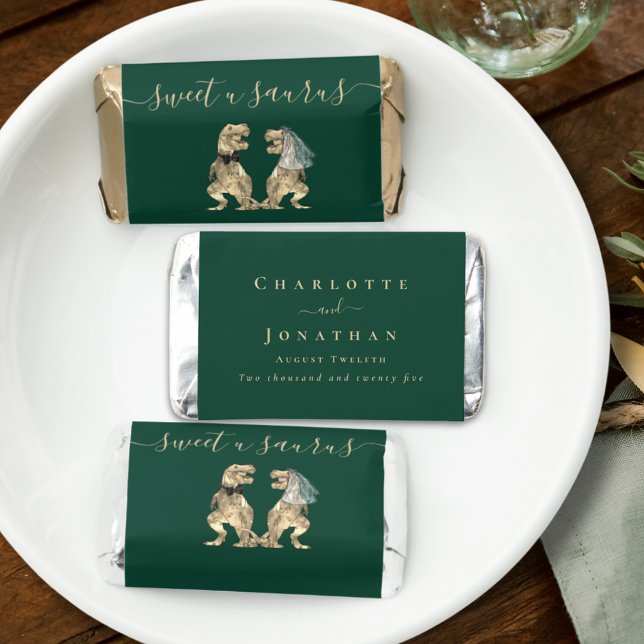 Sweet u Saurus Dinosaur Theme Wedding Hershey's Miniatures (Dinosaur wedding dark green custom chocolate bars funny Dino quote T-Rex dino bride and groom)