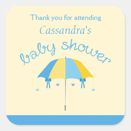 Sweet Umbrella Baby Shower Blue Yellow Thank You Square Sticker | Zazzle