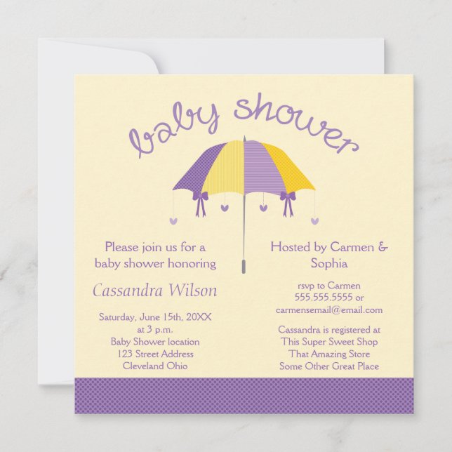 Sweet Umbrella Baby Shower Purple Yellow Invite (Front)