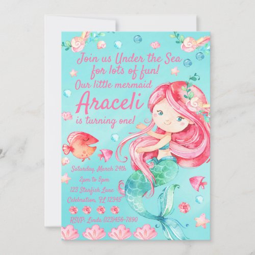 Sweet Under the Sea Pink Mermaid Girls Birthday Invitation