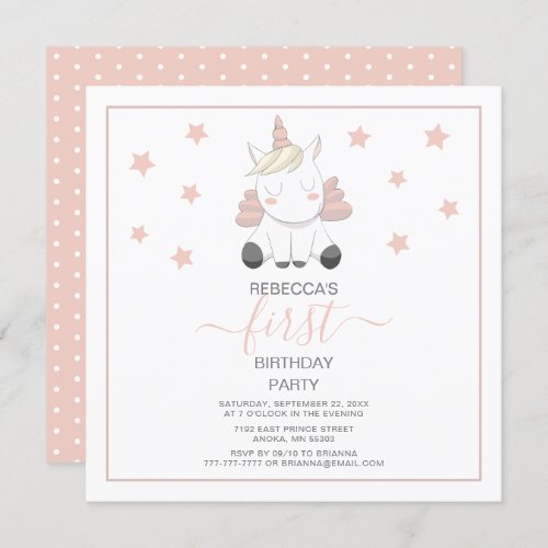 Sweet Unicorn And Stars Birthday  Invitation