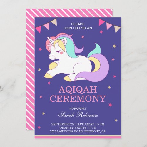 Sweet Unicorn Baby Girl Aqiqah Invitation