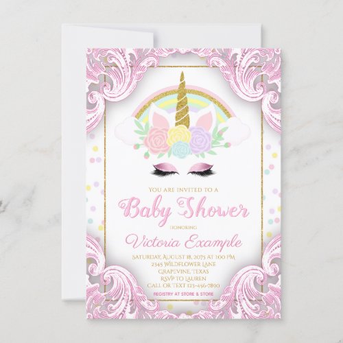 Sweet Unicorn Baby Girl Shower Invitations