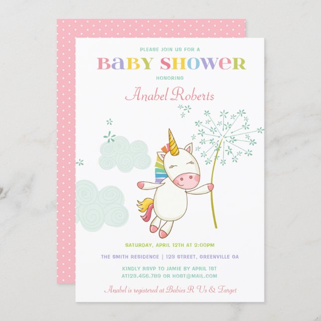Sweet Unicorn Baby Shower Invitation Dandelion (Front/Back)