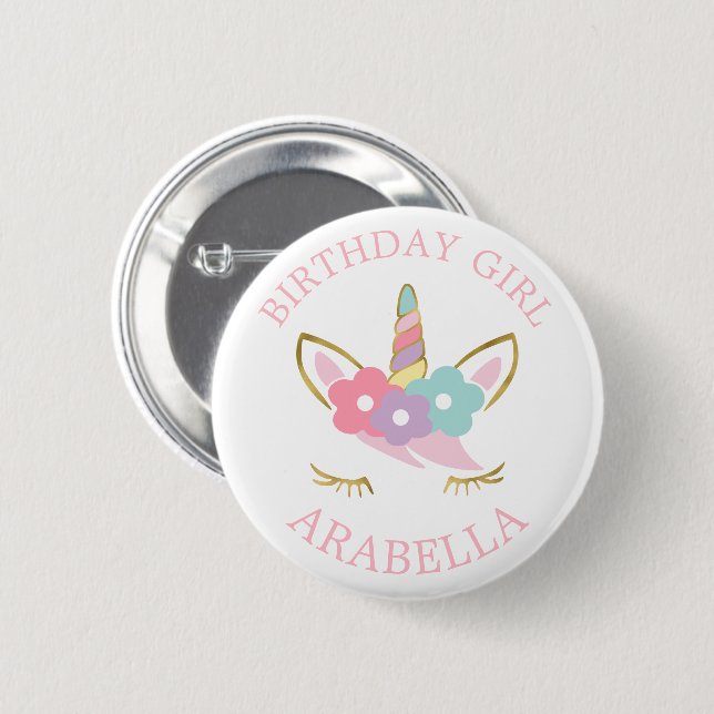 Sweet Unicorn "Birthday Girl" Personalized Button (Front & Back)
