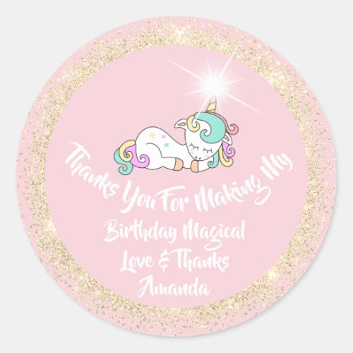 Sweet Unicorn Birthday Pink Thanks Gold Spark Classic Round Sticker
