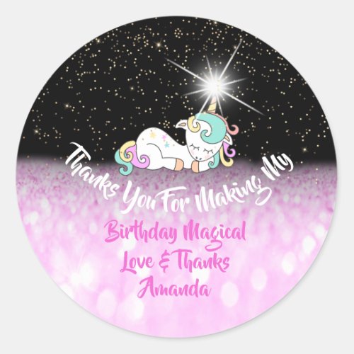 Sweet Unicorn Birthday Pink Thanks Stars Spark Classic Round Sticker