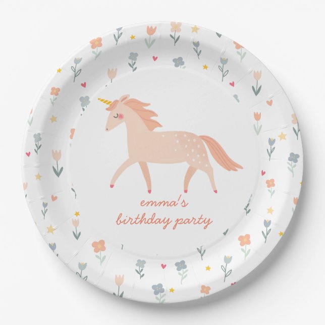 Sweet Unicorn Floral Paper Plates (Front)