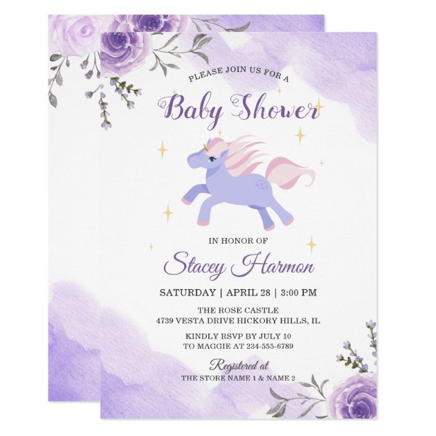 Sweet Unicorn Pastel Purple Floral Baby Shower Invitation