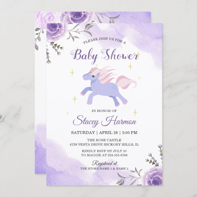 Sweet Unicorn Pastel Purple Floral baby shower Invitation (Front/Back)