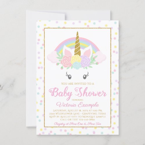 Sweet Unicorn Rainbow Baby Girl Shower Invitations