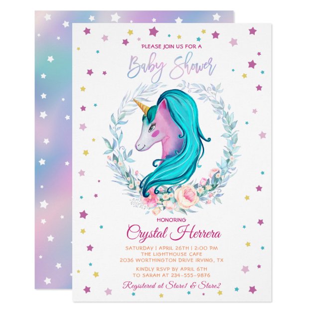 Sweet Unicorn Watercolor Floral Baby Shower Invitation