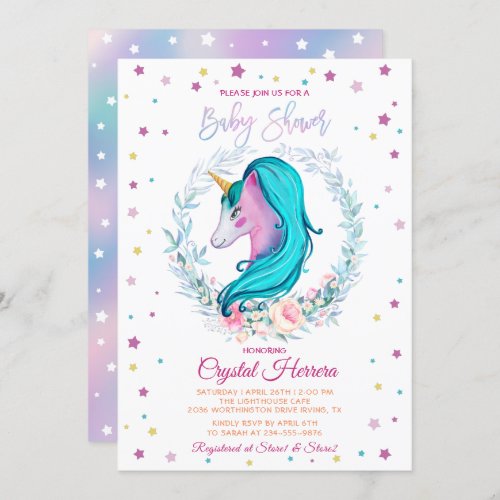 Sweet Unicorn Watercolor Floral Baby Shower Invitation