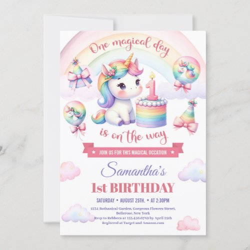 Sweet Unicorn Watercolor Pink Girl 1st Birthday  Invitation